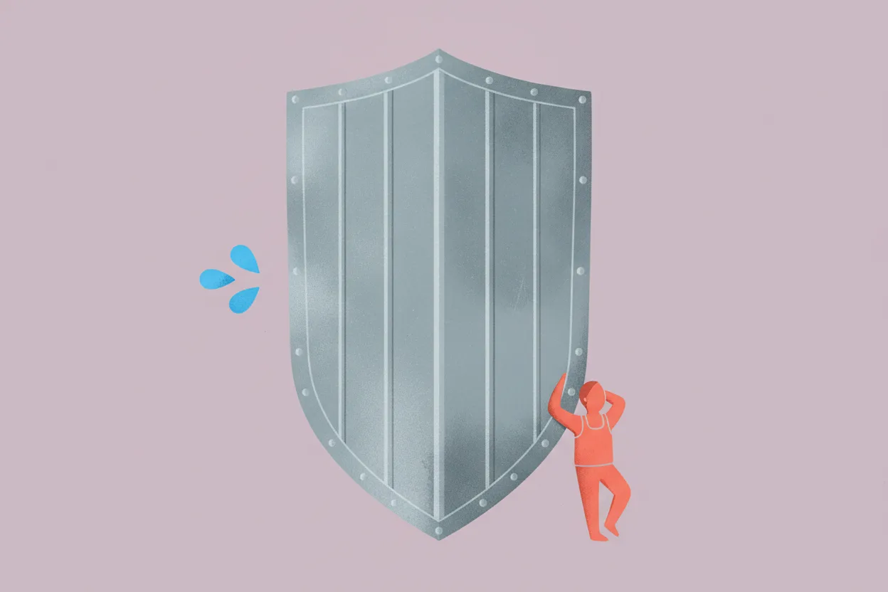 A tiny flat figure in a coral top leans against a giant gray shield while blue droplets gather at its edge on a lavender background