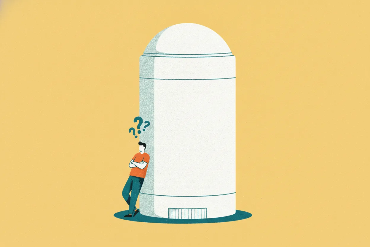 Flat illustration of a tiny figure in an orange tee leaning against a giant white deodorant stick on a butter-yellow background
