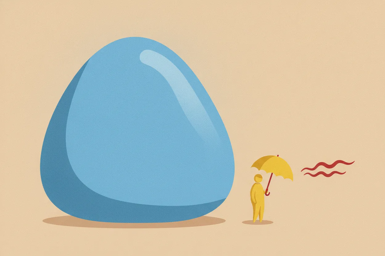 Flat illustration of a tiny figure with a small umbrella beside a huge blue droplet, shielded from wavy odor lines but not the drop.
