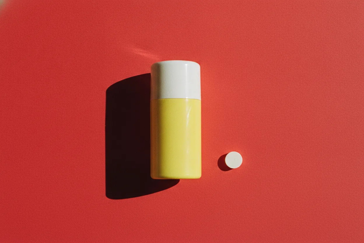 Upright yellow roll-on deodorant bottle with white cap beside a white capsule on a bright red background, lit by hard flash