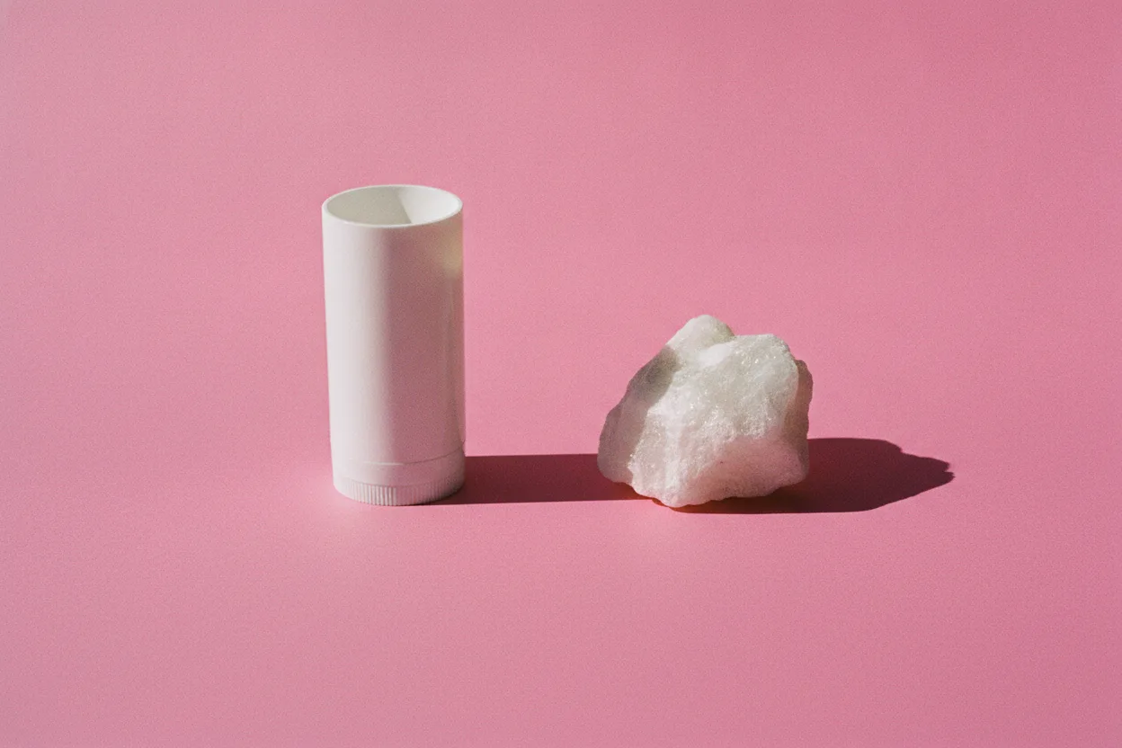 White twist-up deodorant stick standing next to a chalky pale mineral stone on a bright pink paper background, under hard flash
