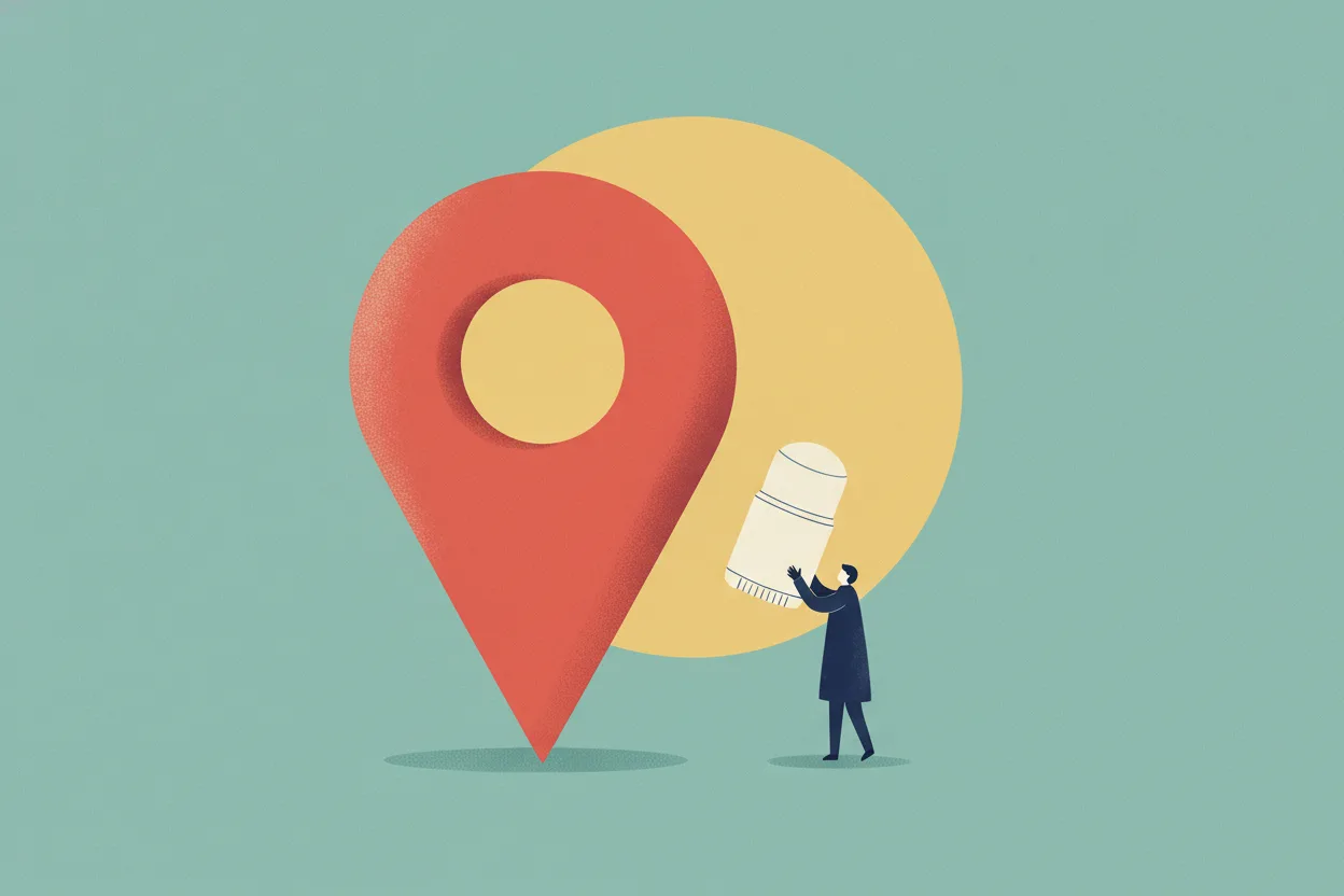 Illustration of a tiny figure in a navy coat holding a deodorant stick next to a giant red map pin on teal