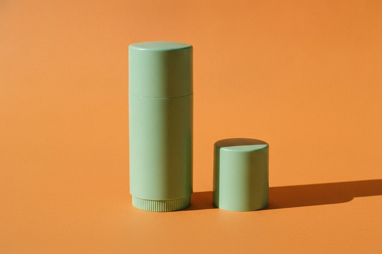 A sage-green deodorant stick tube and its separate cap standing on a bright orange paper background under harsh flash
