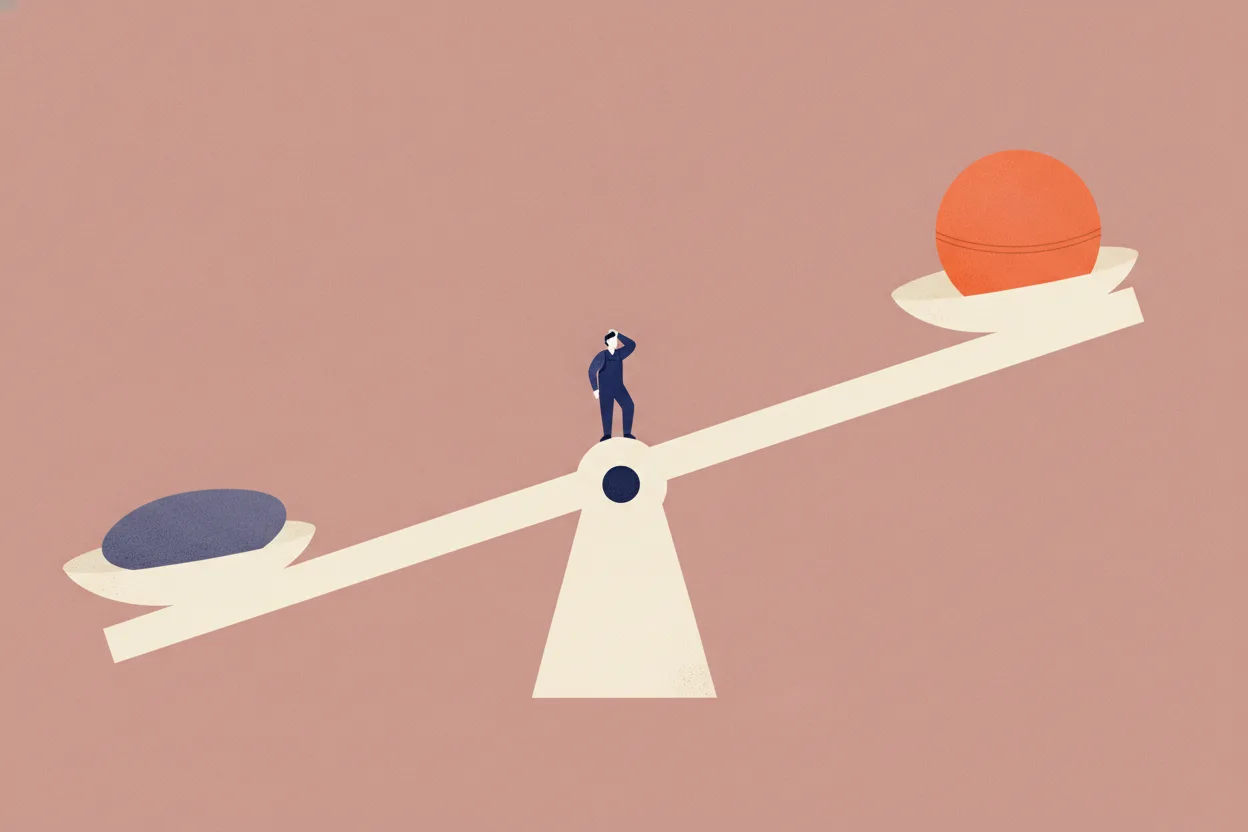 Flat illustration of a large cream balance scale holding a violet pebble and an orange ball, with a tiny figure in navy pondering beside it