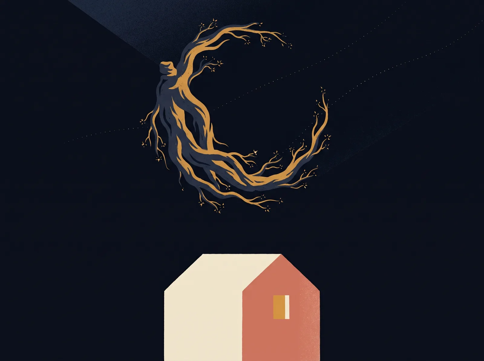 Illustration of an ashwagandha root curled into a crescent moon over a quiet house