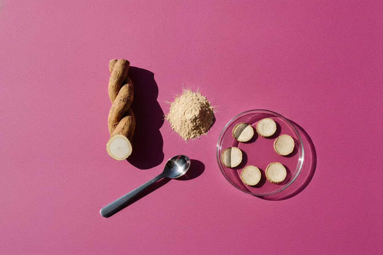 Cut ashwagandha root standing beside a mound of beige powder and a petri dish of dried root slices on bright pink paper