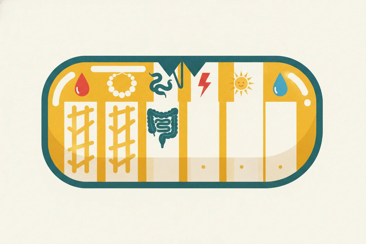 Illustration of a yellow capsule beside a scoreboard with three full columns for blood sugar, cholesterol and gut, and three nearly empty ones for mood, energy and detox
