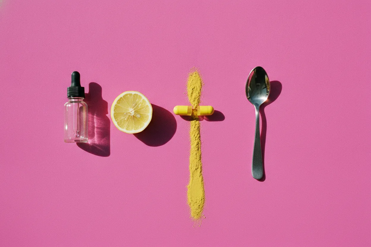 Opened yellow capsule spilling powder toward a dropper bottle, lemon wedge and metal teaspoon spaced apart on glossy pink acrylic