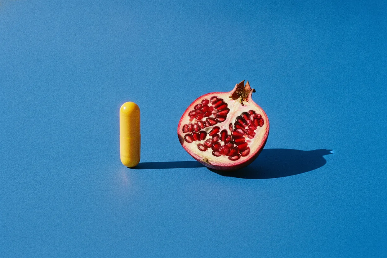 A golden-yellow capsule standing upright next to a halved pomegranate with red seeds on a cobalt-blue background under hard flash