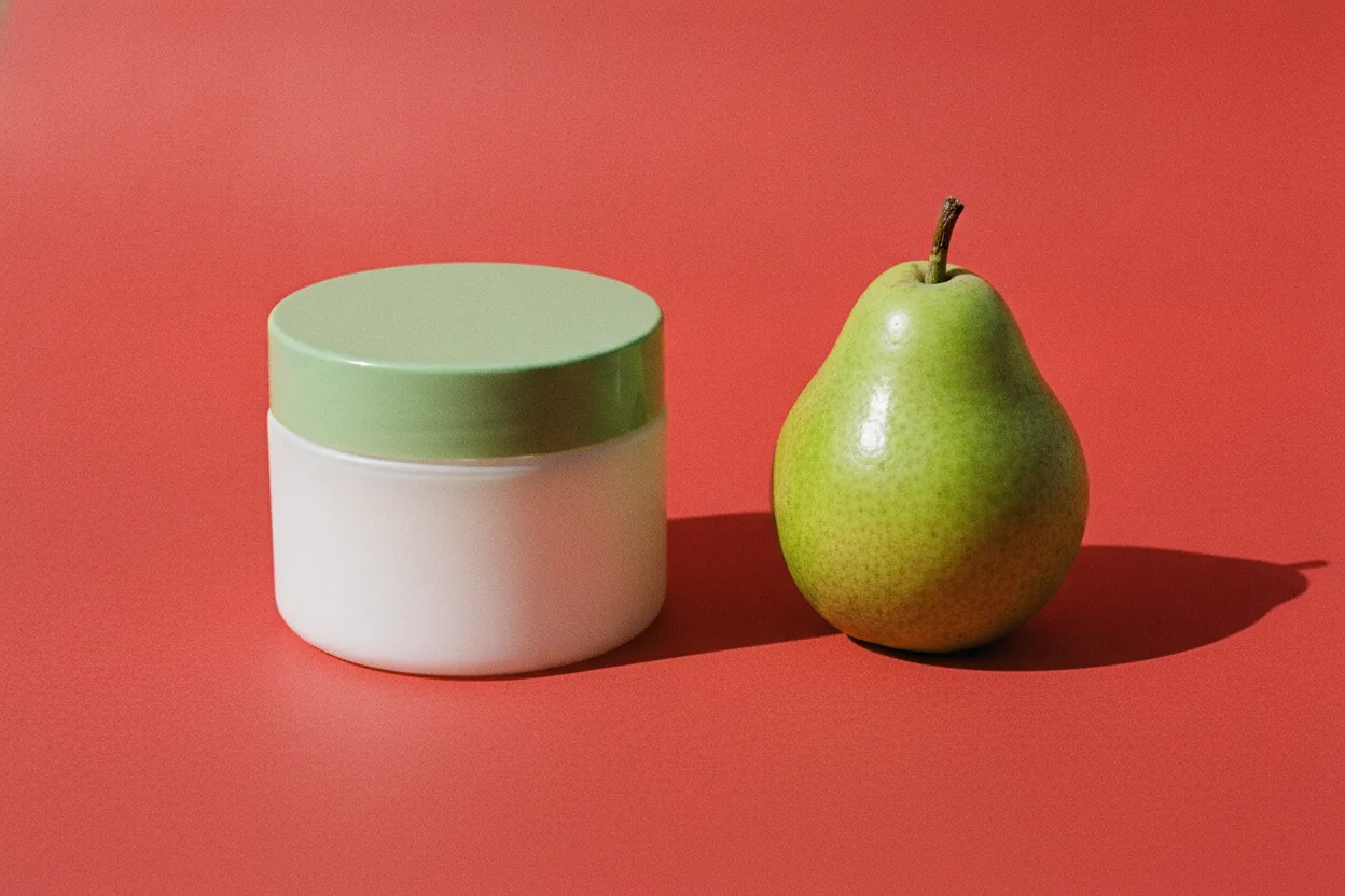 A white skincare jar with a sage-green lid beside a whole green pear on a bright red background, hard flash shadows.