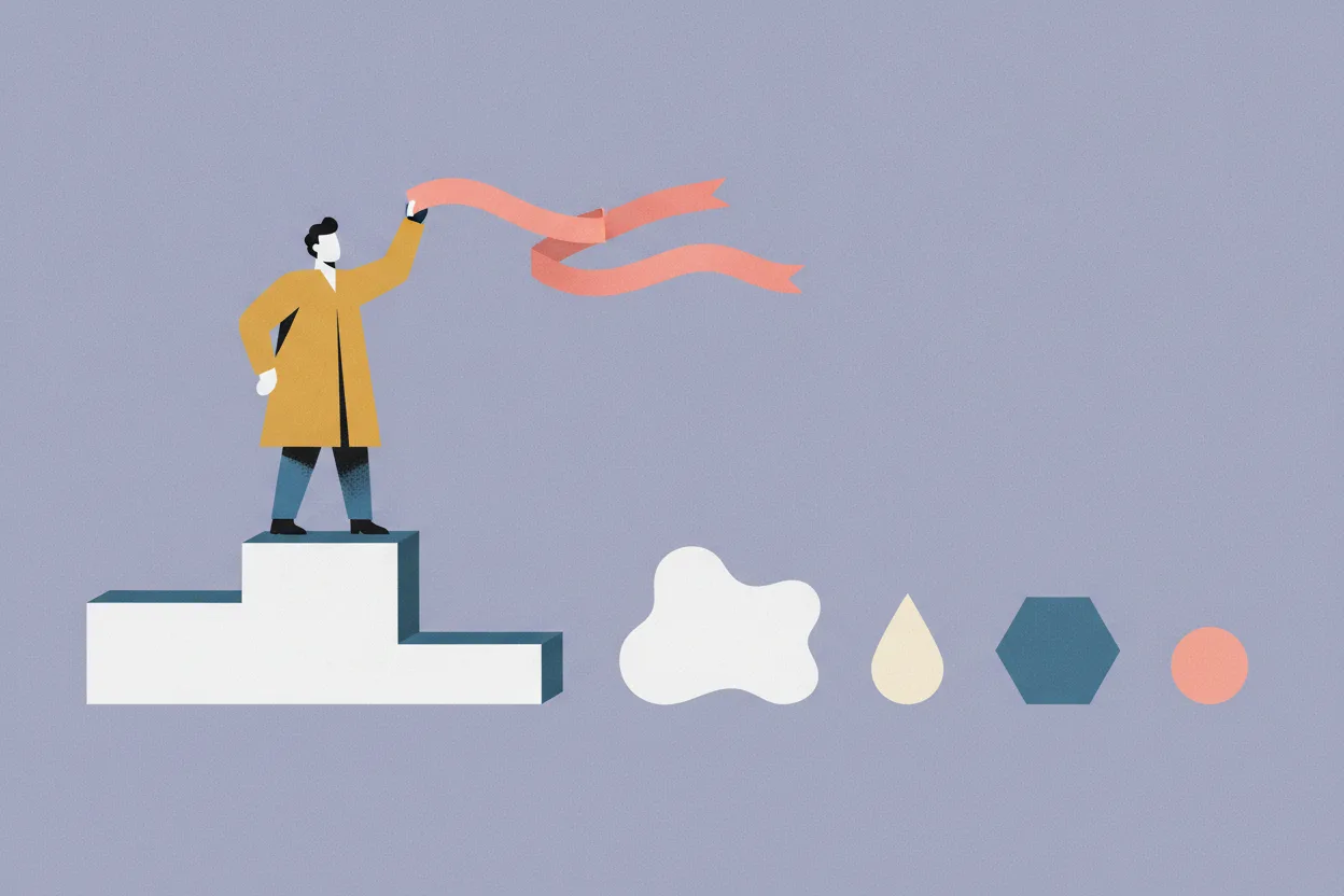 Flat illustration of a faceless figure on a podium beside four simple colored shapes lined up like ranked contestants against a lilac background
