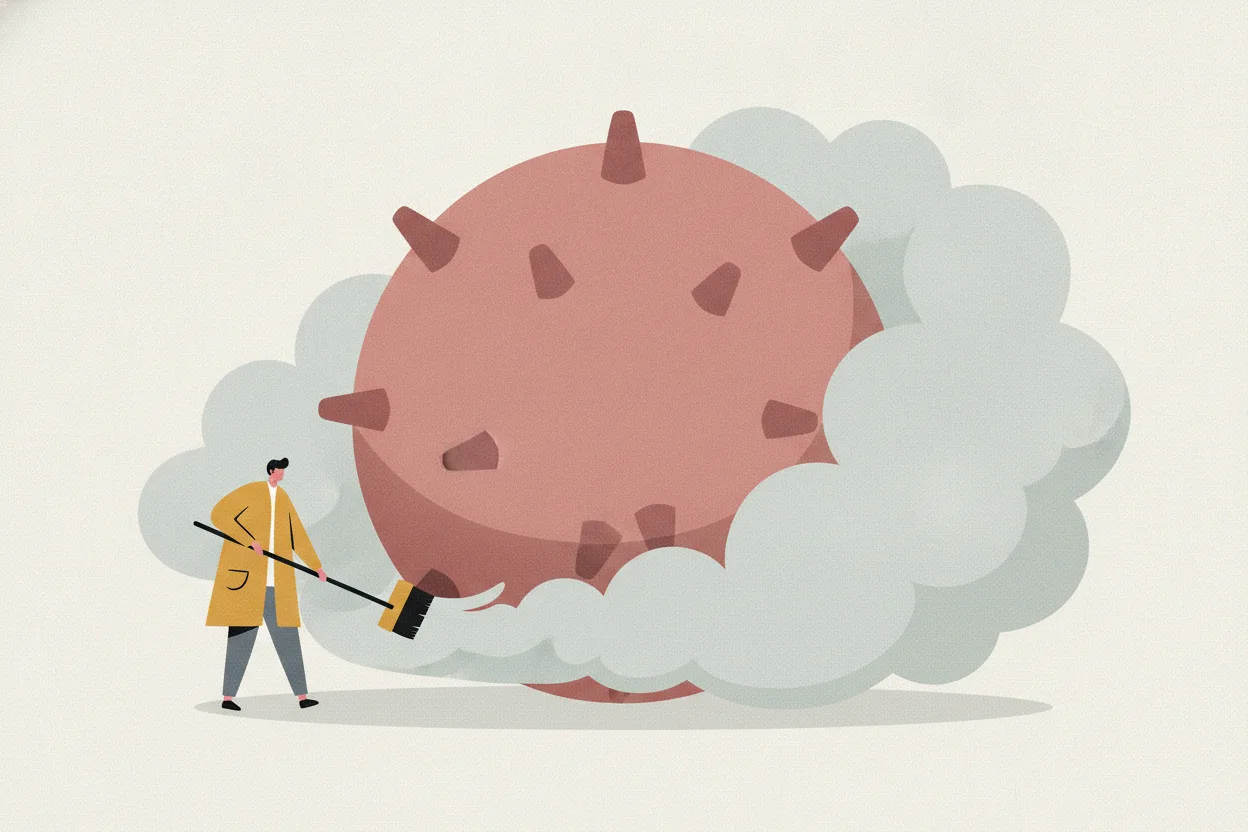 Stylised figure in a mustard coat wipes away a large gray fog from around a small rose-colored virus-shaped ball