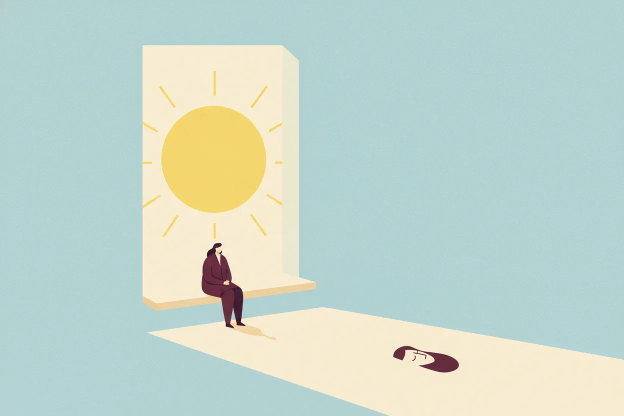 Flat illustration of a small figure sitting at a sunlit window, a large yellow sun casting a wedge of light across the floor