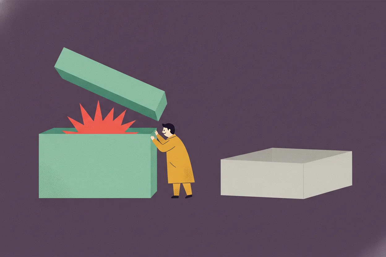Illustration of a tiny figure lifting the lid of a mint-green box to find a spiky coral burst inside, against a plum background