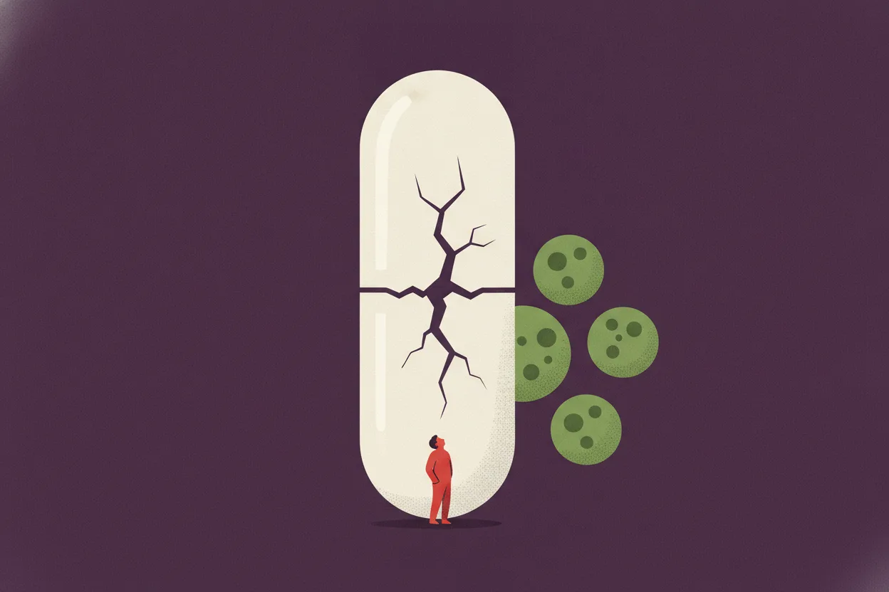 Illustration of a giant cracked ivory capsule standing like a dam, with a tiny figure in red below and green germ blobs behind it