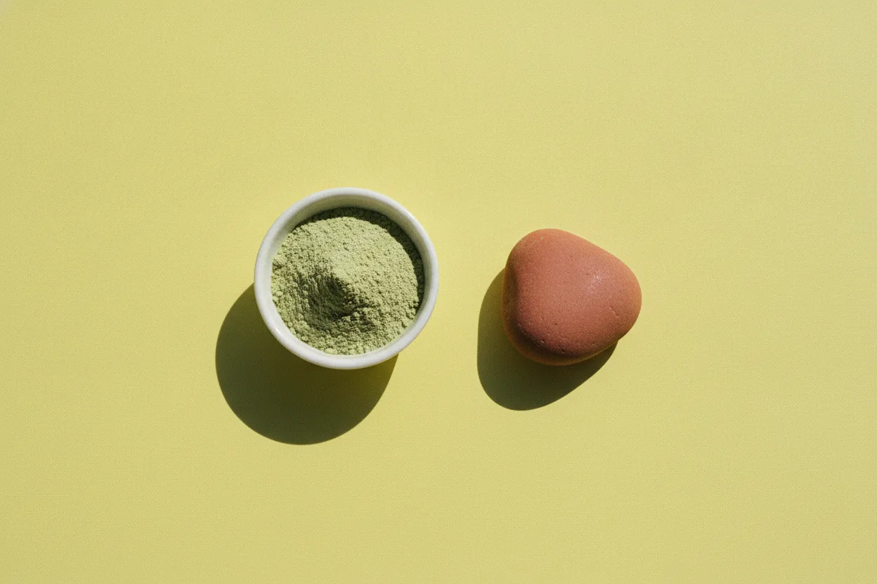 Small white ceramic dish holding a mound of pale green powder beside a smooth terracotta stone on bright yellow paper