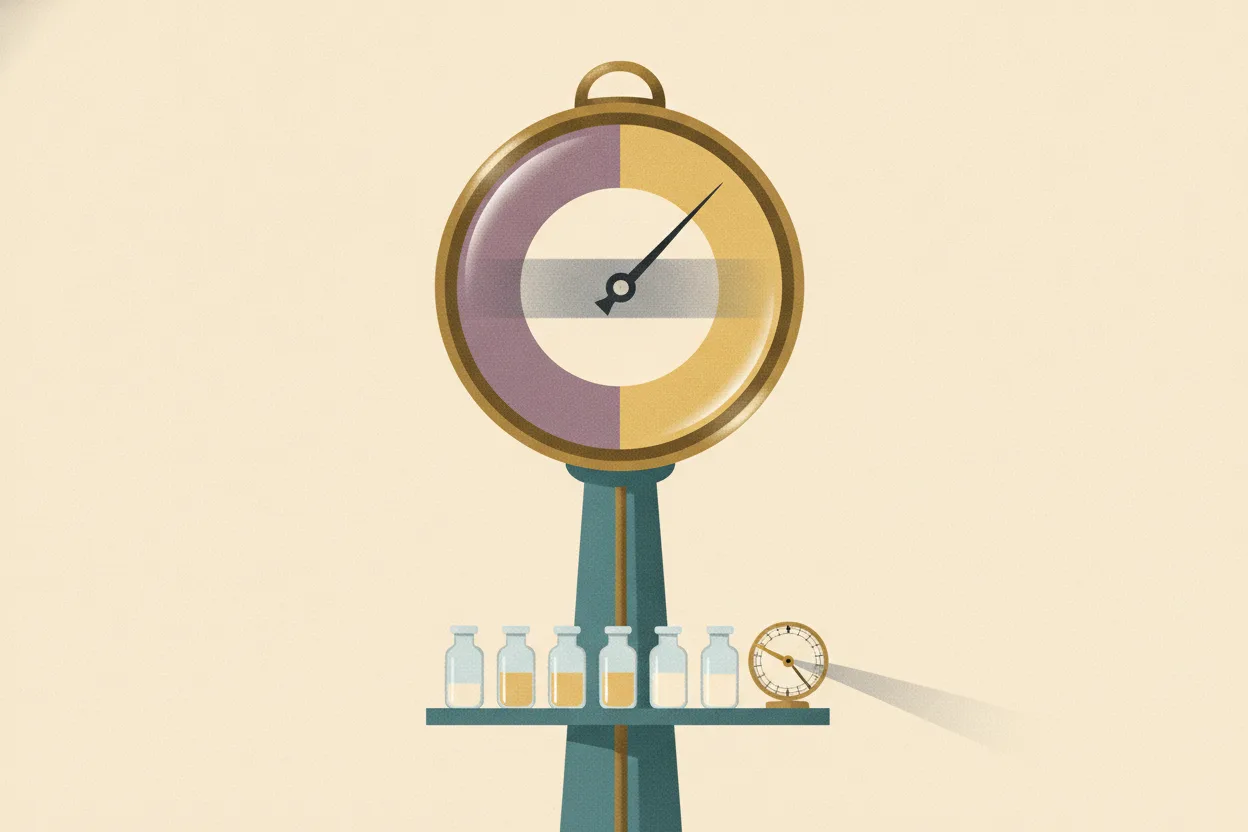 Illustration of a brass dial gauge with a wobbling needle over a wide gray zone, above five vials filled to different levels beside a sundial