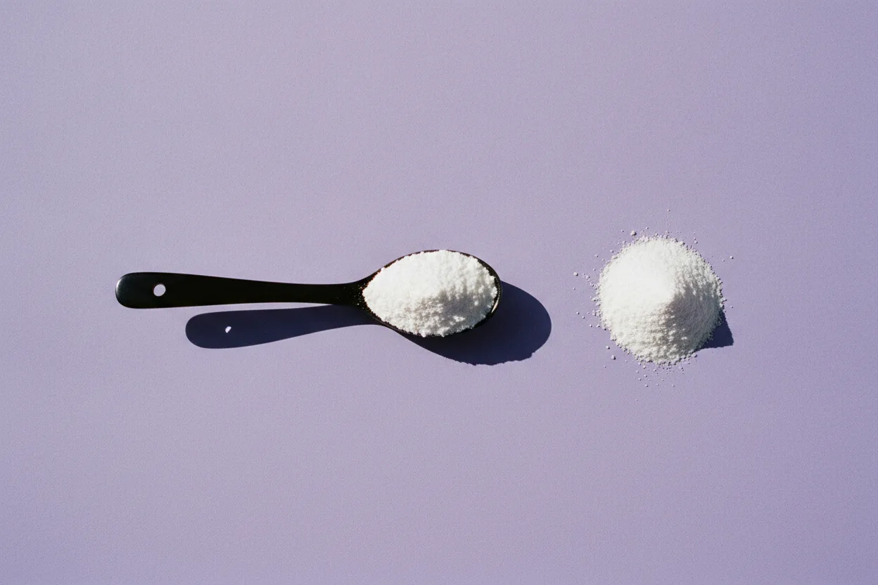 A black spoon heaped with white powder lies on lilac paper beside a small separate mound of powder, under harsh flash.