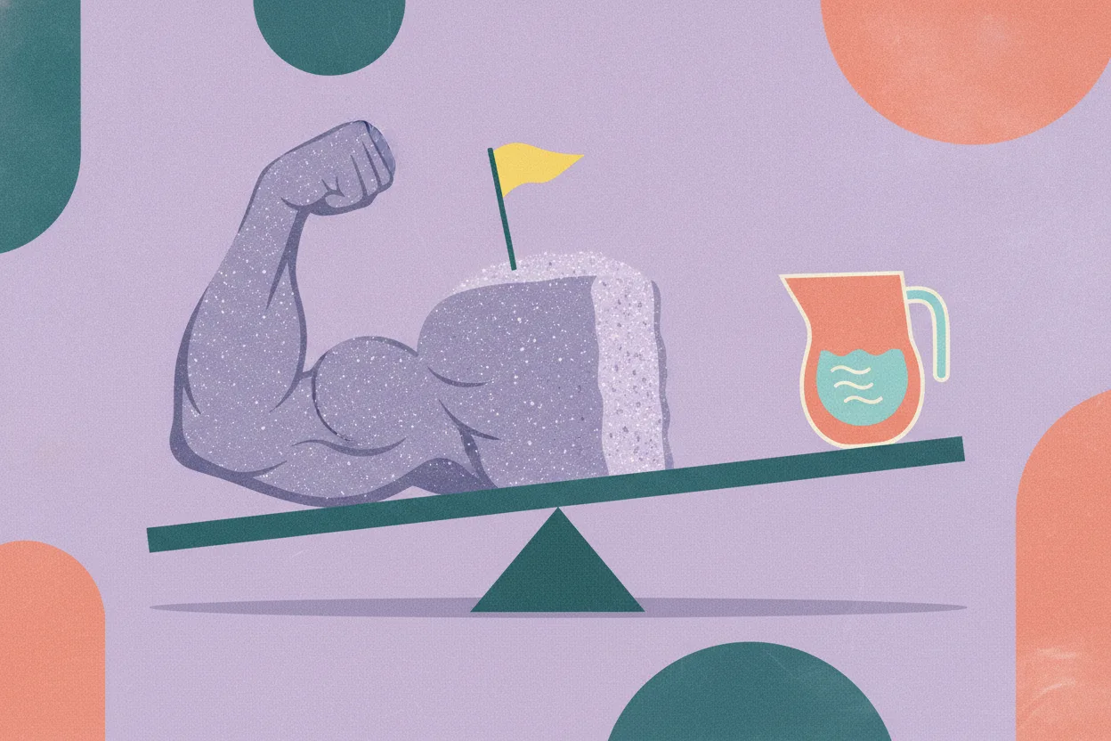 Illustration of a muscle-shaped crystal cake balanced on a see-saw against a kidney-bean water pitcher, topped with a small yellow caution flag