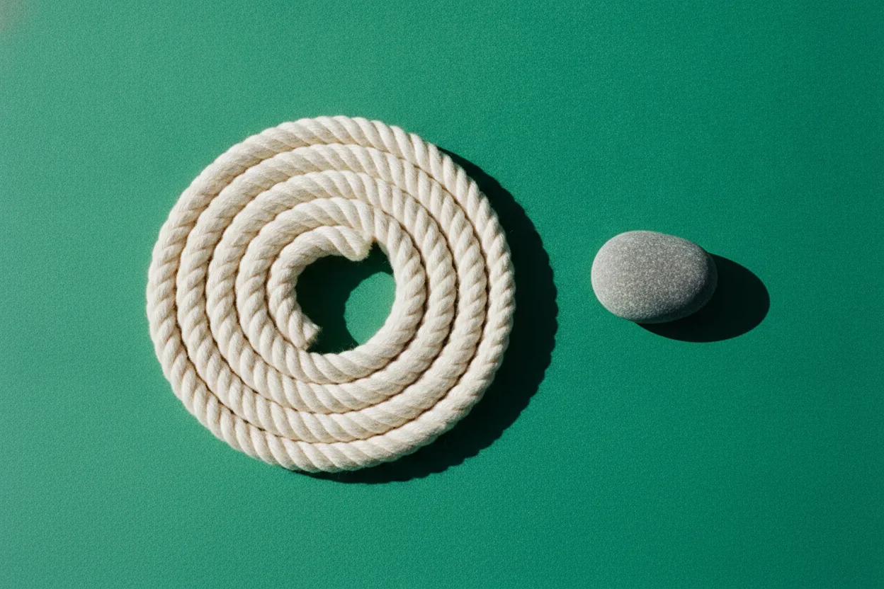 A loose coil of cream cotton rope and a small gray stone resting apart on a bright emerald-green surface under harsh flash