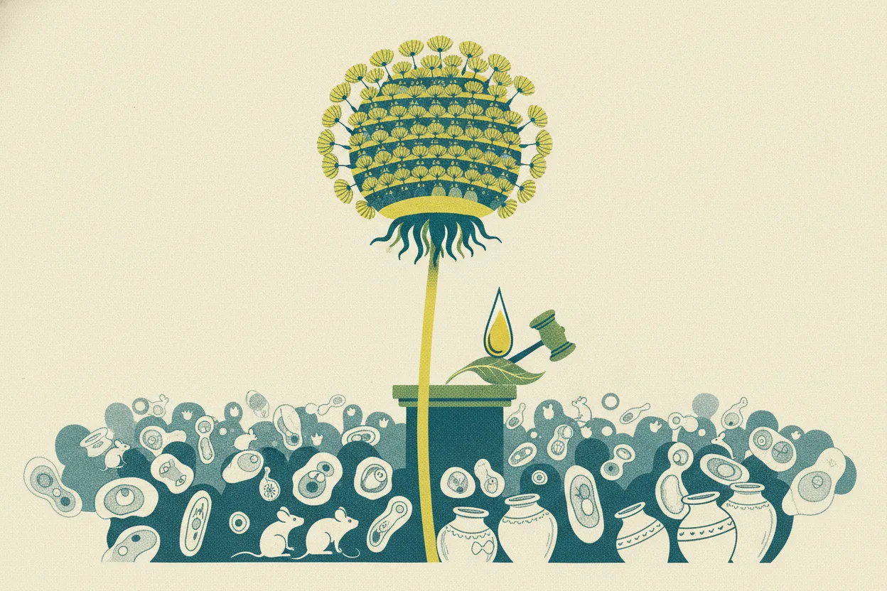Illustrated dandelion seed head styled as a courtroom gallery, with one seed in front and a droplet-marked leaf gavel above sketched cells and animals