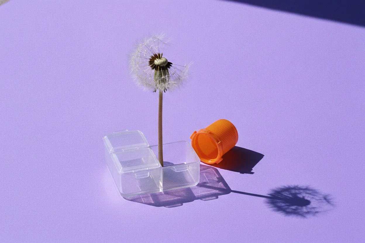A half-blown dandelion seed head standing in a clear compartment beside an orange vial cap on a bright lilac surface
