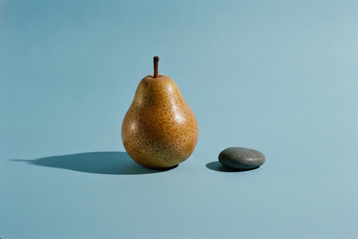 A freckled brown-spotted pear stands beside a smooth grey stone on a plain powder-blue background under harsh flash lighting.
