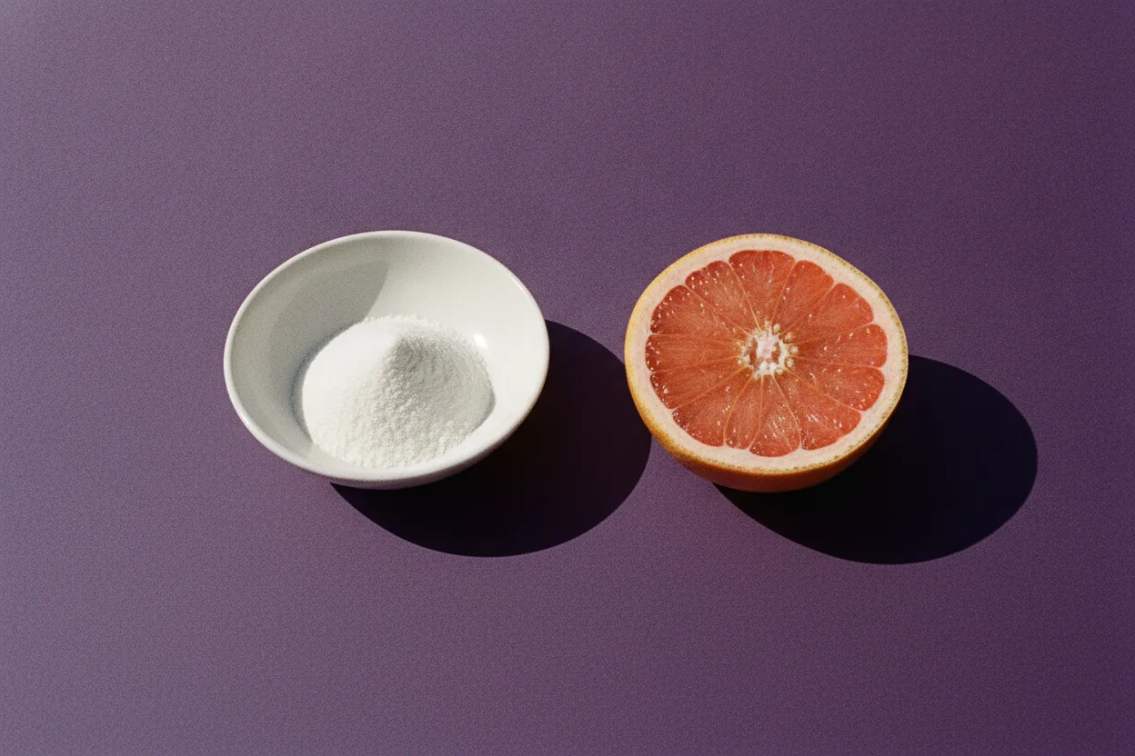 A small white ceramic dish of baking soda powder beside a pink grapefruit half on a deep plum-purple background under hard flash
