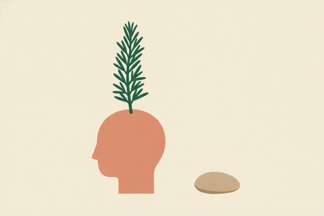 Stylised flat illustration of a rosemary sprig growing from the bare crown of a terracotta head silhouette on a cream background