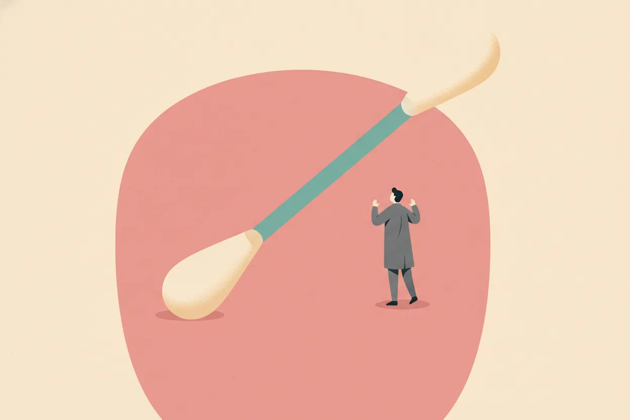 Illustrated cotton swab leaning across a rose-pink shield beside a tiny figure in a dark coat, on a teal background