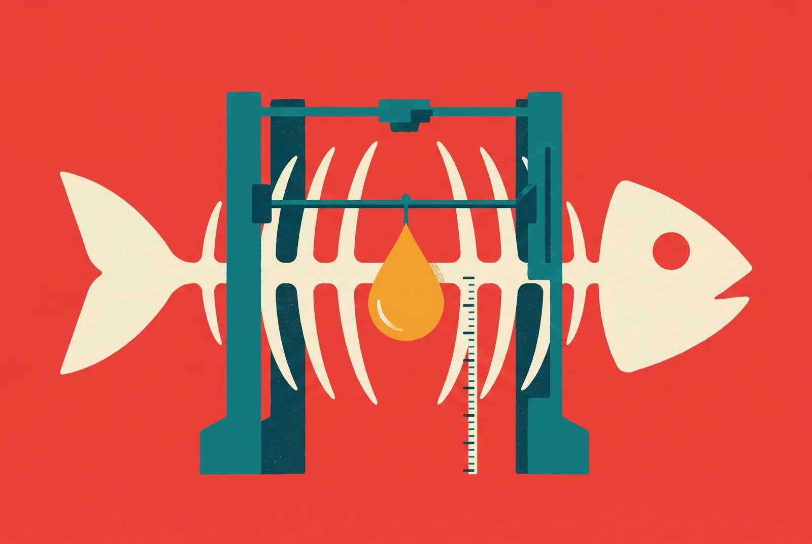 Illustration of a cream fish skeleton with ribs forming a scanner arch, a golden oil droplet suspended inside on a red background