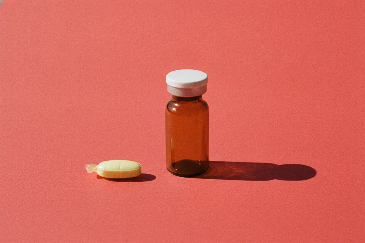 An amber pharmacy vial with a white cap stands beside a single pale yellow capsule on a bright red paper background.