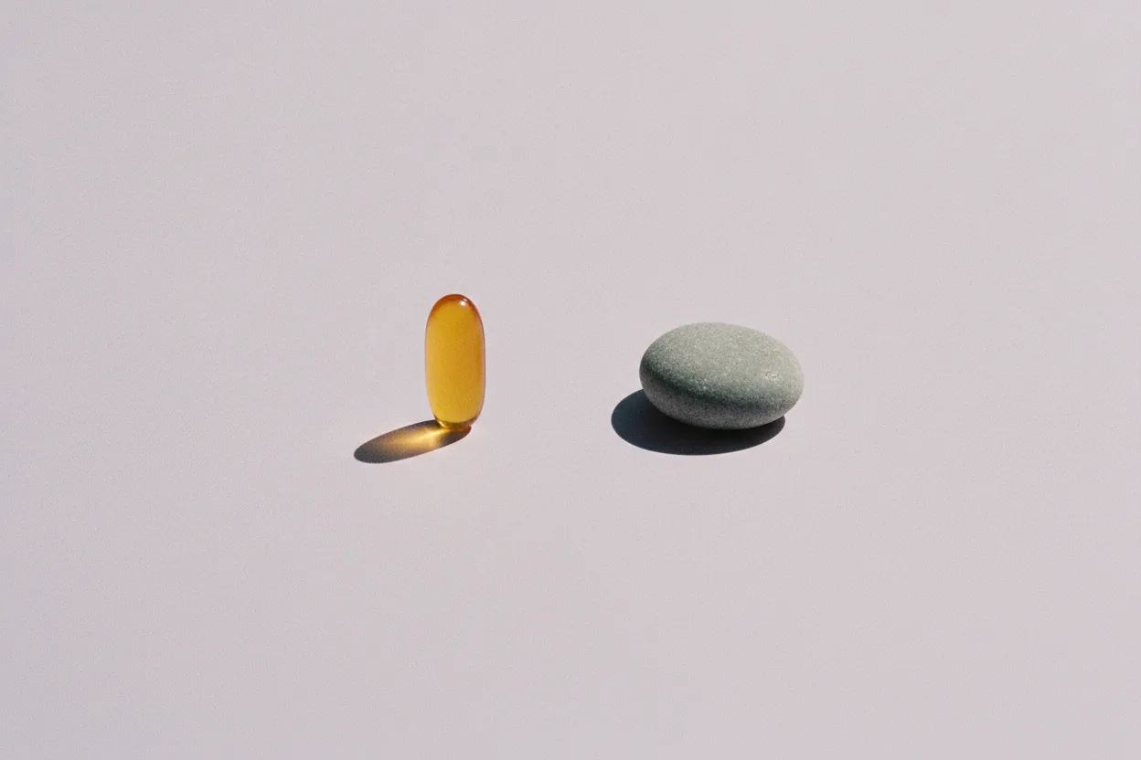 One amber-orange softgel capsule standing upright next to a smooth grey stone on a plain pale lilac background under hard flash