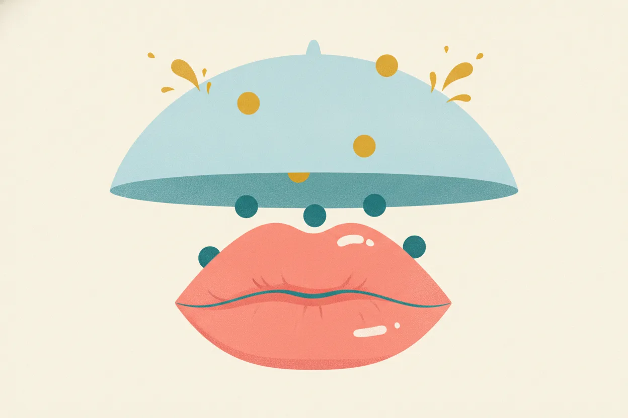 Illustration of coral-pink lips sheltered under a pale blue dome, teal droplets safe beneath while yellow droplets bounce off the top