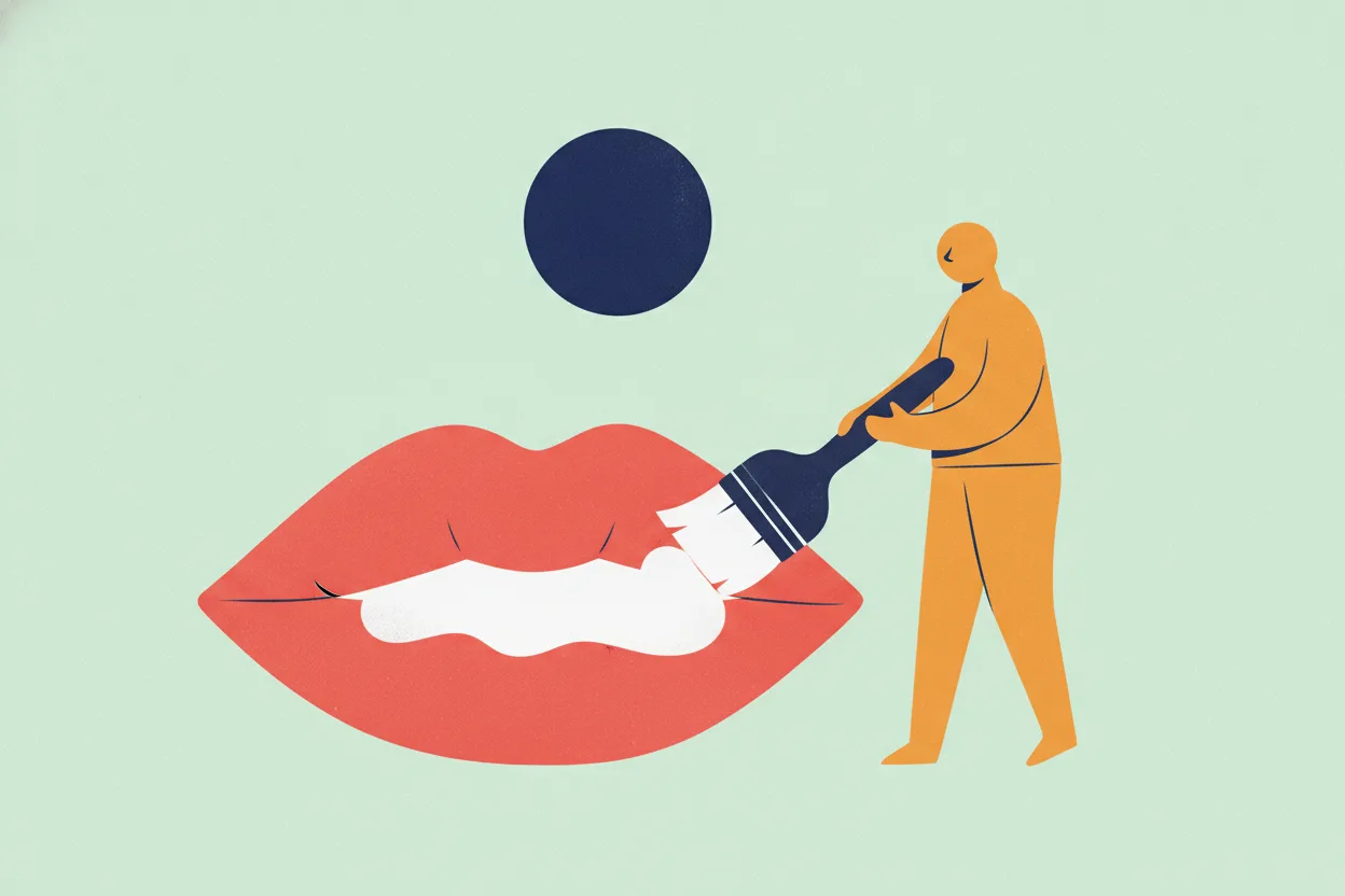Flat illustration of a figure in an orange robe painting balm onto a giant red lip shape beneath a pale moon, on a mint background