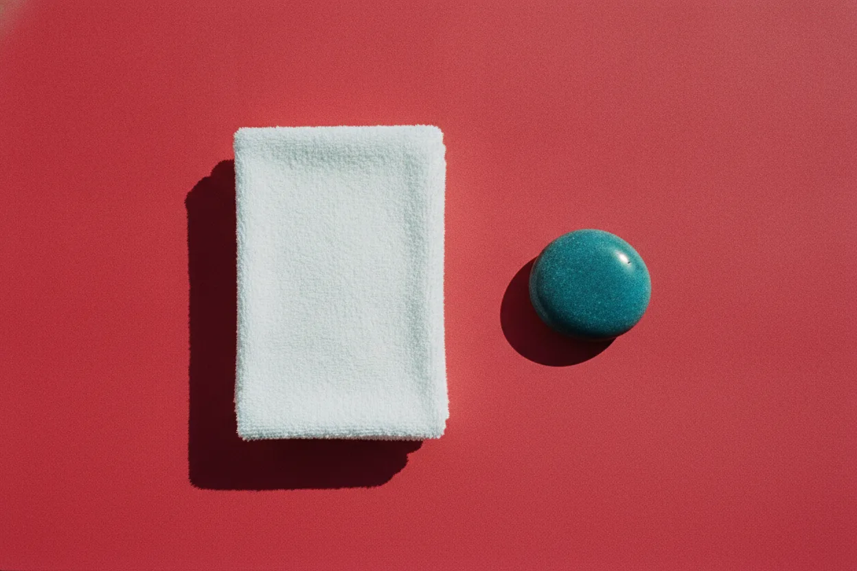 A folded white towel and a single smooth dark teal stone placed apart on a bright red surface under harsh flash