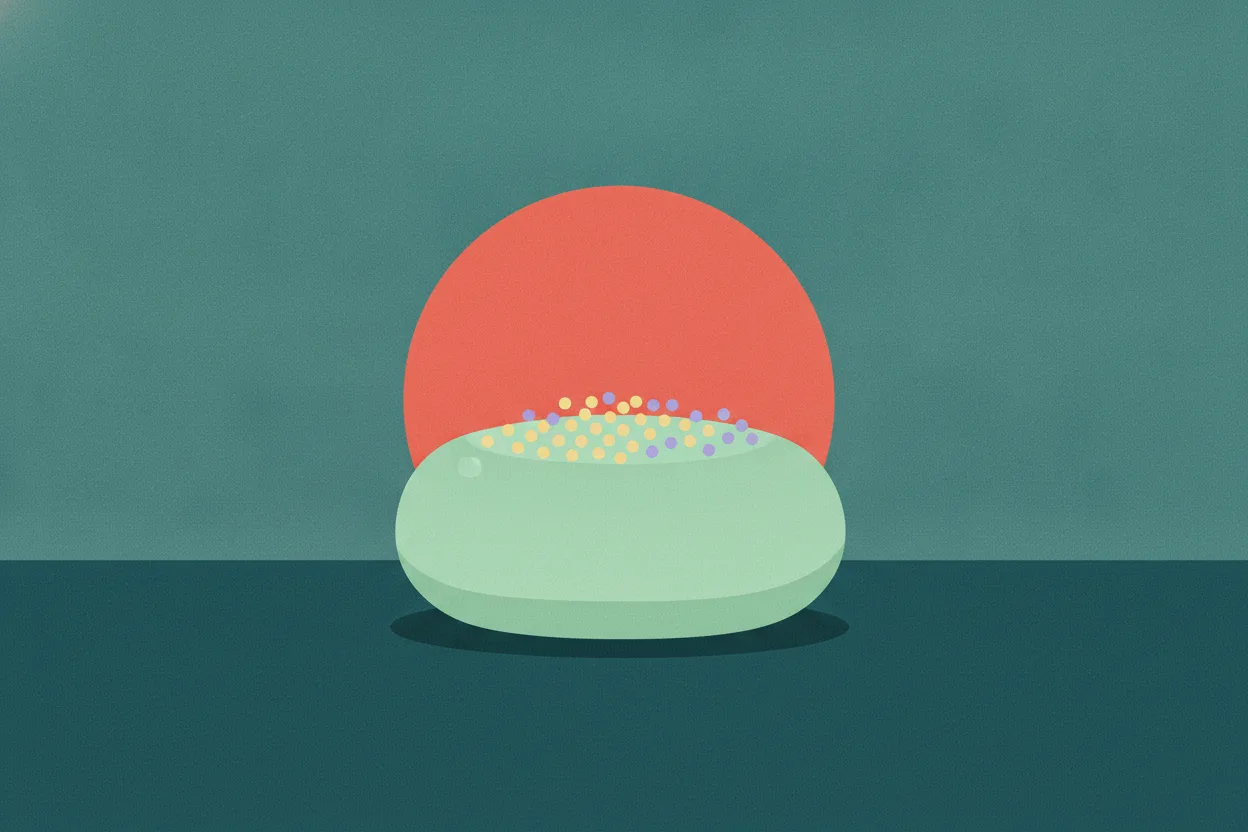 Pale mint soap bar topped with tiny yellow and lavender dots, set before a coral circle on a deep teal background
