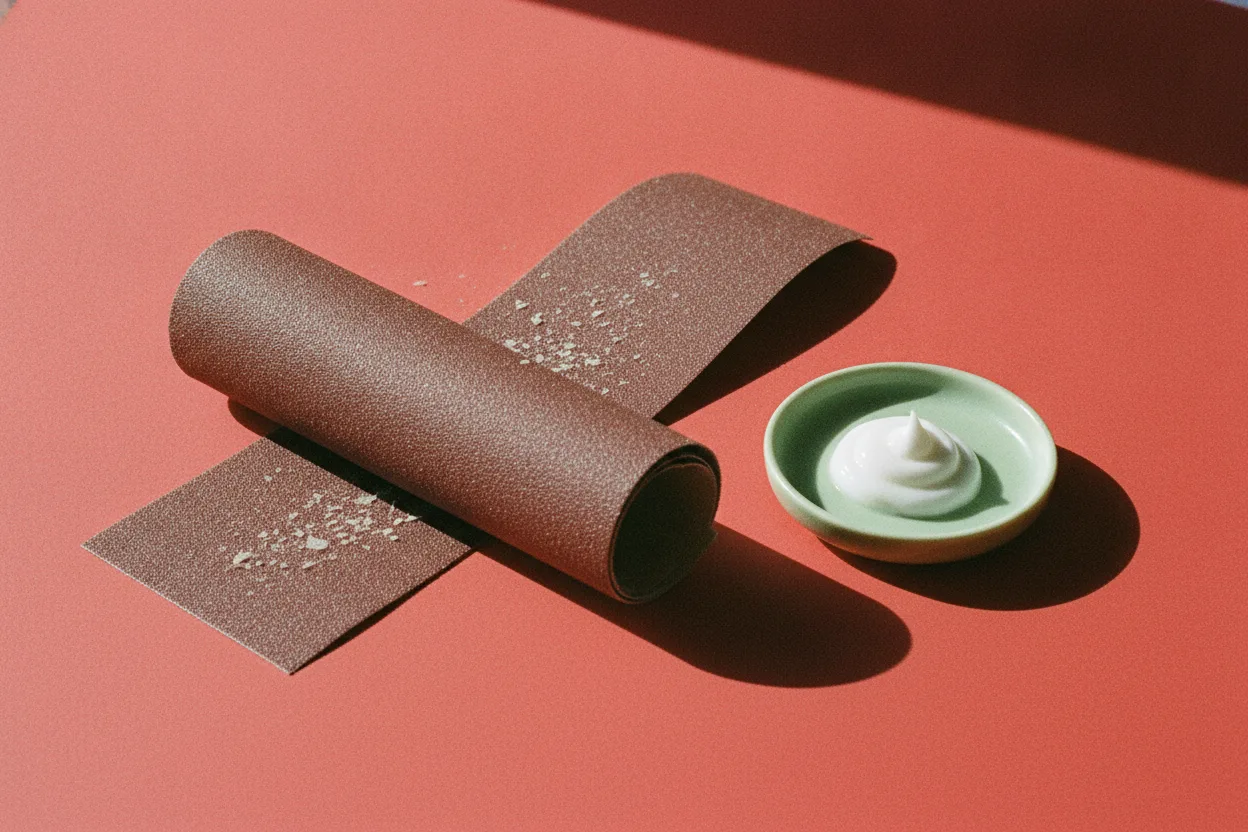 Curled sheet of fine sandpaper with scattered pale flakes beside a small green ceramic dish holding a pea-sized dab of white cream on red