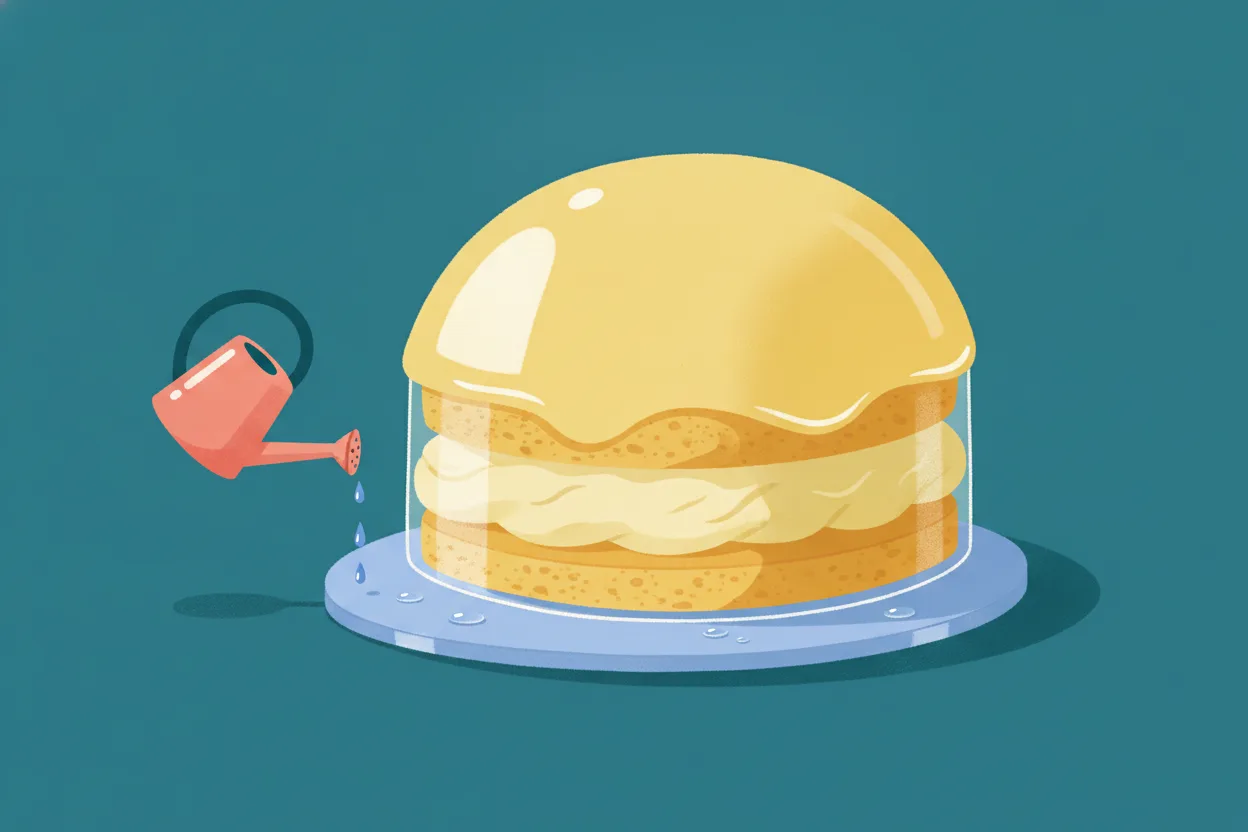 Illustration of a droplet-shaped layered sponge cake with blue, cream and yellow layers, being lightly watered from a tiny watering can