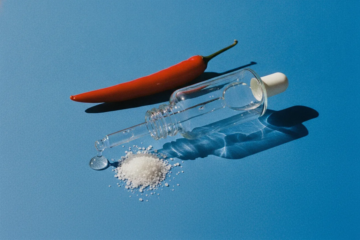 Glass dropper bottle with a hanging serum droplet, a small pile of white crystals and a red chili on cobalt blue