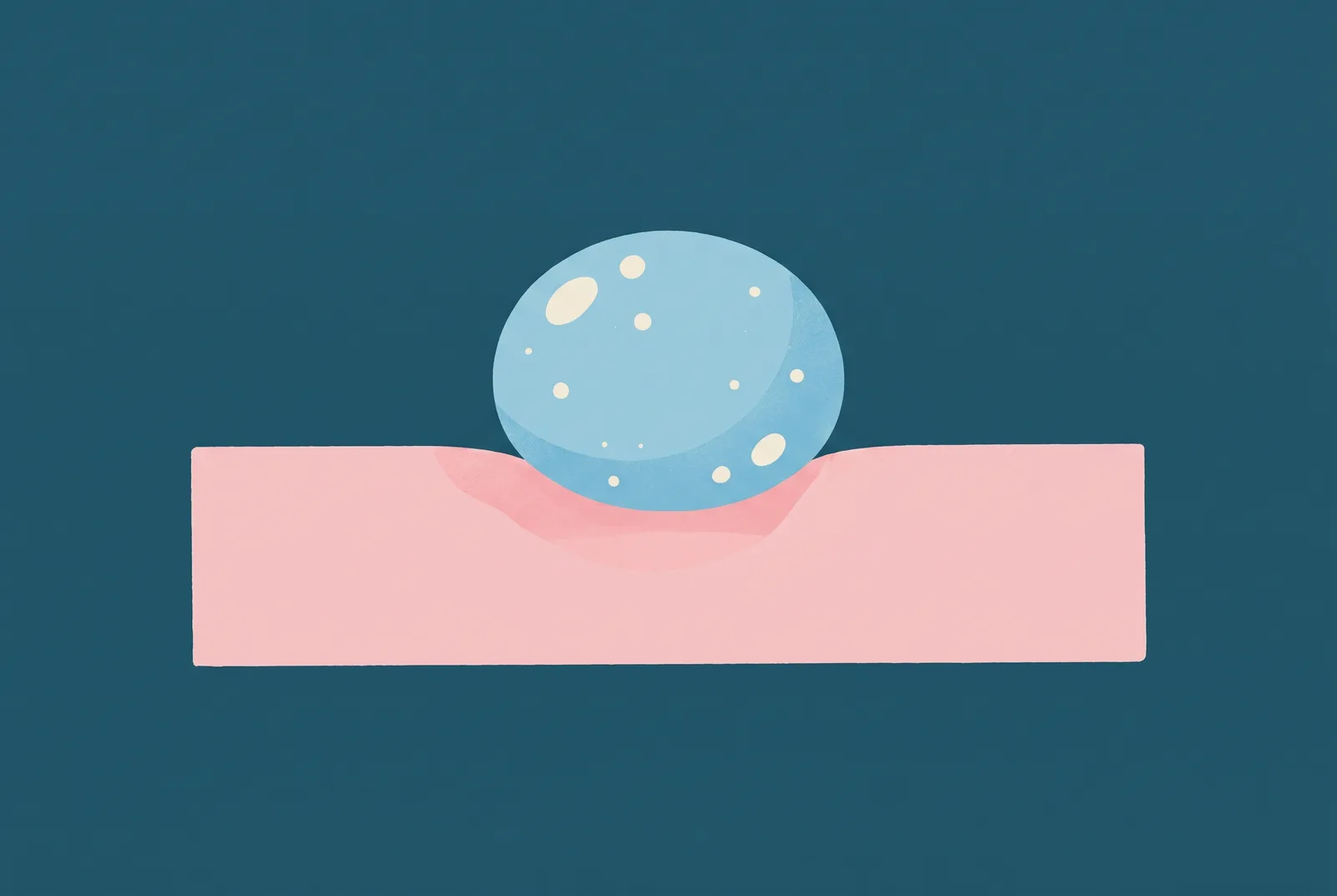 Flat illustration of a large blue water droplet resting on a pink sponge slab against a deep teal background