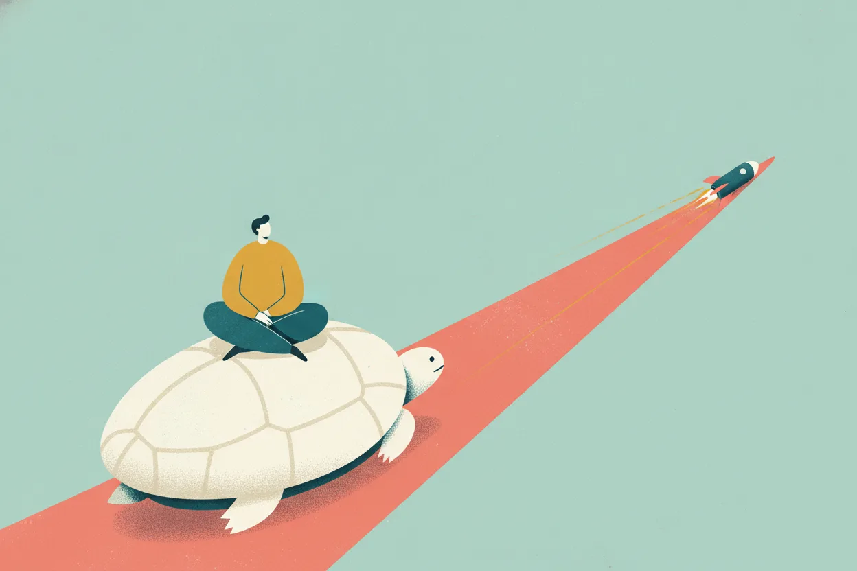 Flat illustration of a calm figure riding a large rice grain along a path while a small rocket speeds far ahead