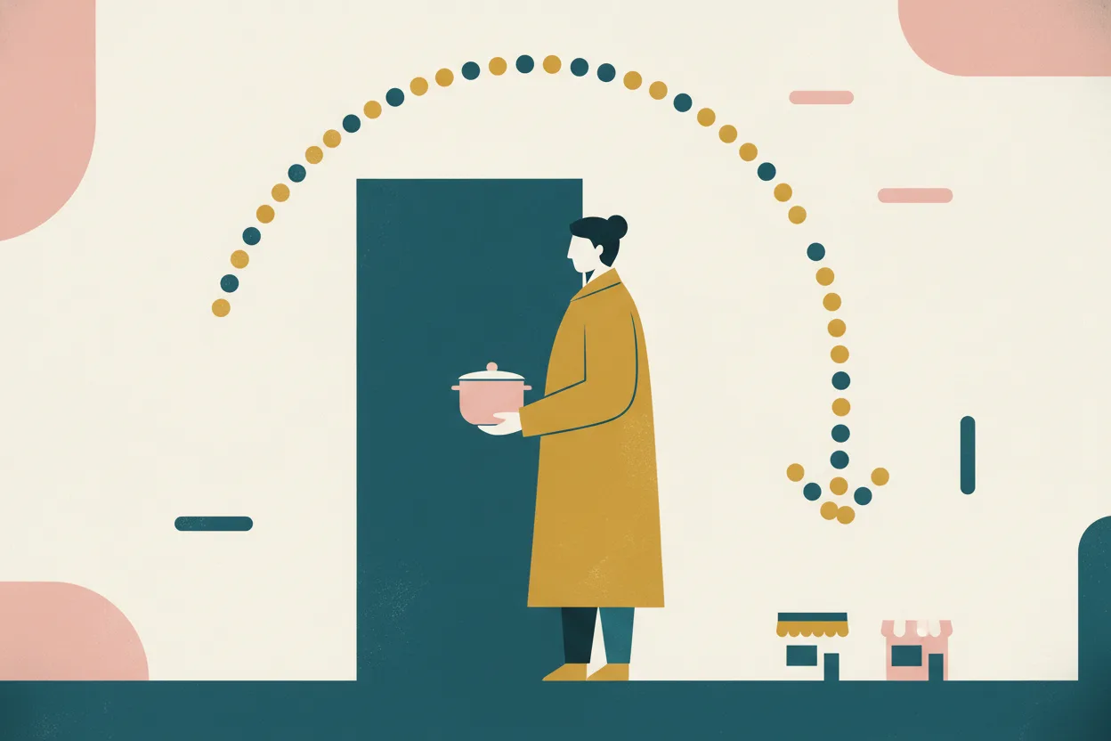 Flat illustration of a shopper in a yellow coat holding a small pot, facing a large door and two tiny shop blocks