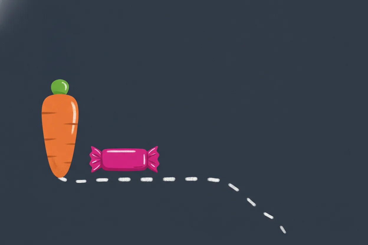 Flat illustration of an orange carrot and a magenta wrapped snack bar on a dark navy ground, linked by a dotted line that stops short.