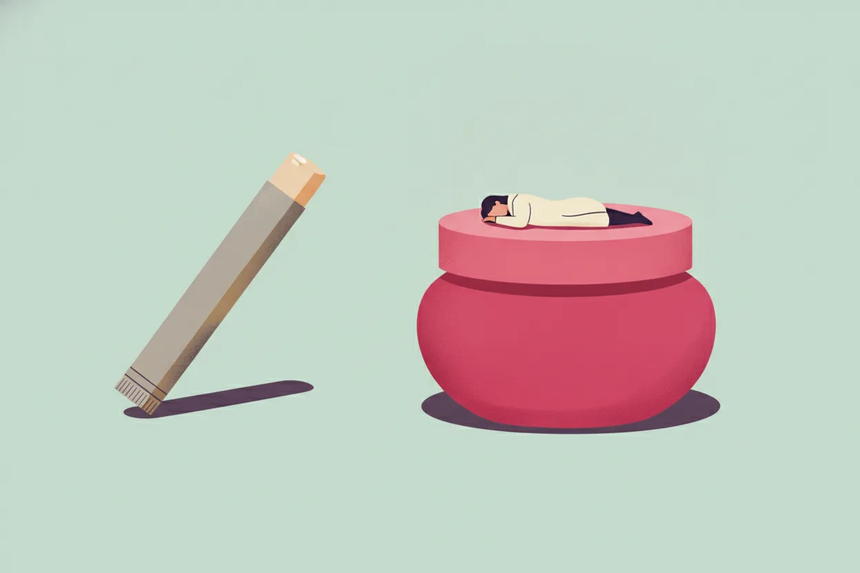 Illustration of a slim grey balm stick beside a large raspberry pink jar with a tiny figure sleeping on its lid, on mint background