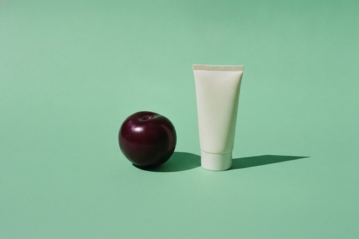 A dark glossy plum and an upright plain cream sunscreen tube sit apart on a pistachio-green paper background under hard flash.