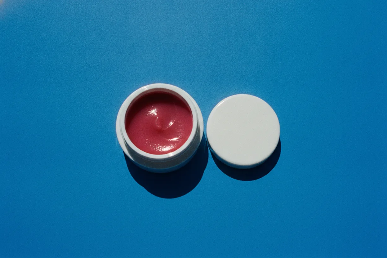 Open round pot of thick glossy pink lip balm with its lid set beside it on a bright cobalt blue background