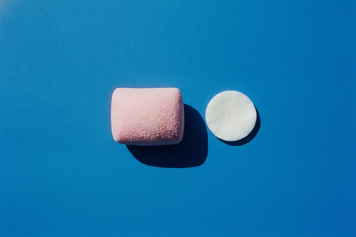 A pink pillow-shaped marshmallow and a flat white sponge disc sit apart on a bright cobalt-blue surface under harsh flash lighting.