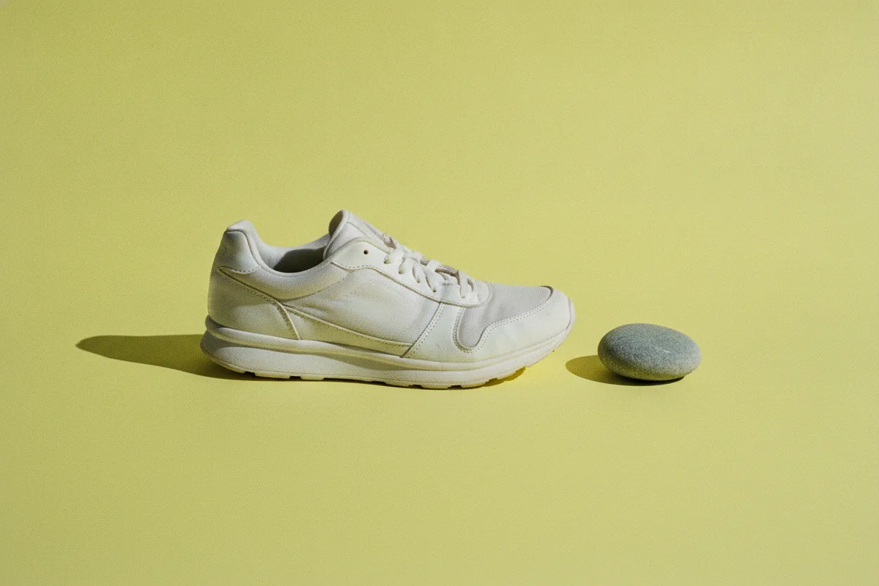 A single white running sneaker and a small grey stone sit apart on a bright yellow paper surface under hard flash.