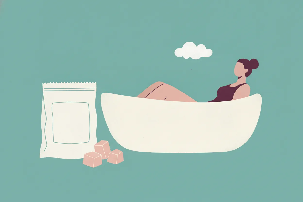 Stylised flat figure relaxing in a rounded bathtub under a puff of steam, with three pink bath salt cubes on the floor beside it